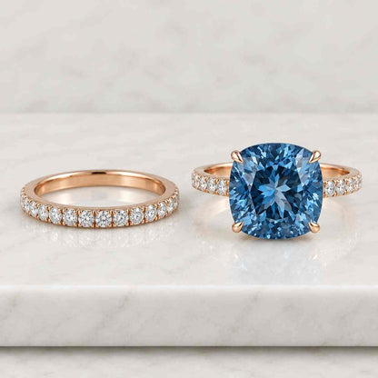 Lab Grown Diamond Engagement Ring: Three Stone Elongated Cushion & Trillion, IGI Certified

