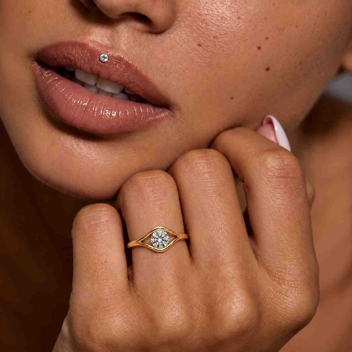 lab grown diamond engagement ring: yellow gold bypass tension set
