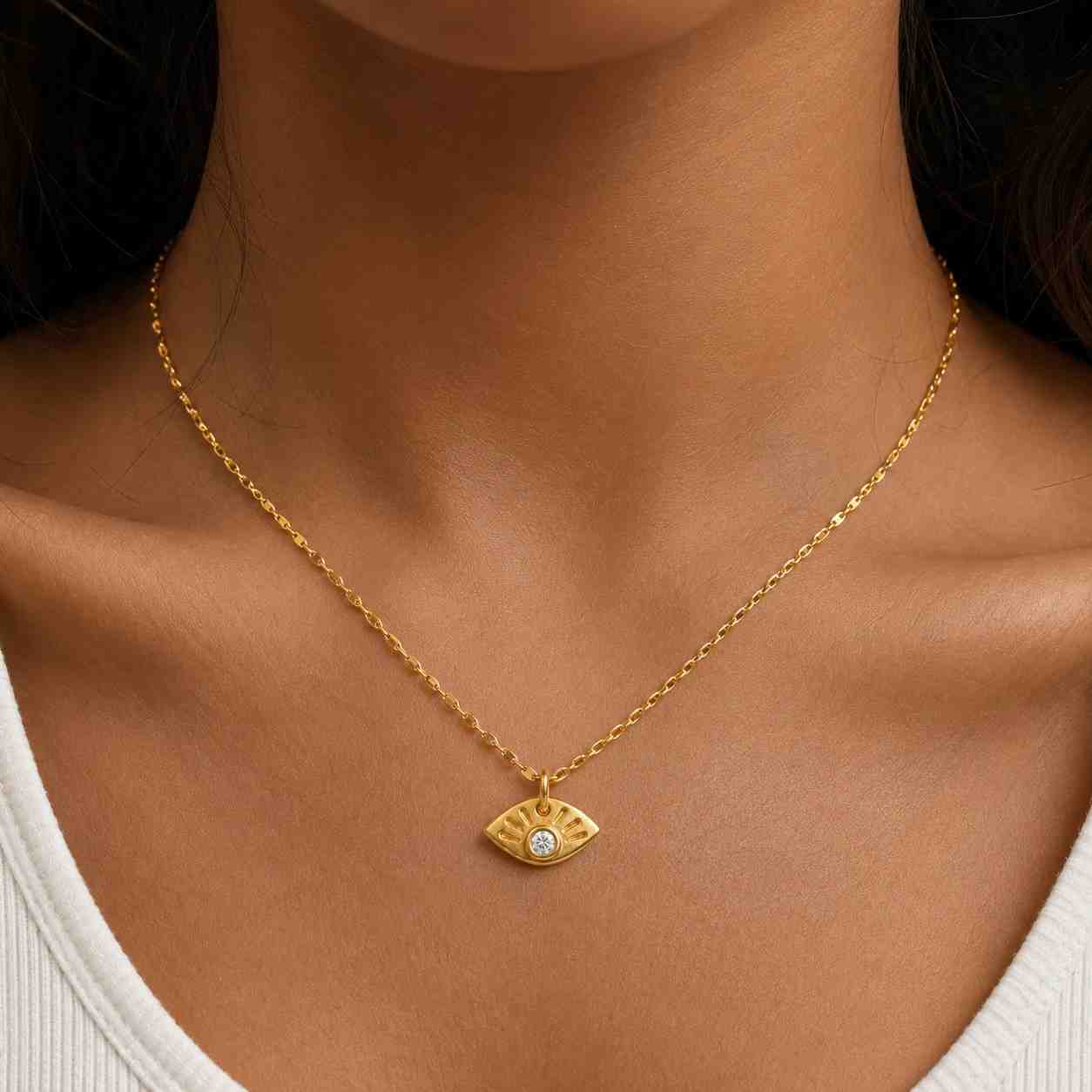 lab grown diamond evil eye charm necklace with pearl bead • dainty gold pendant

