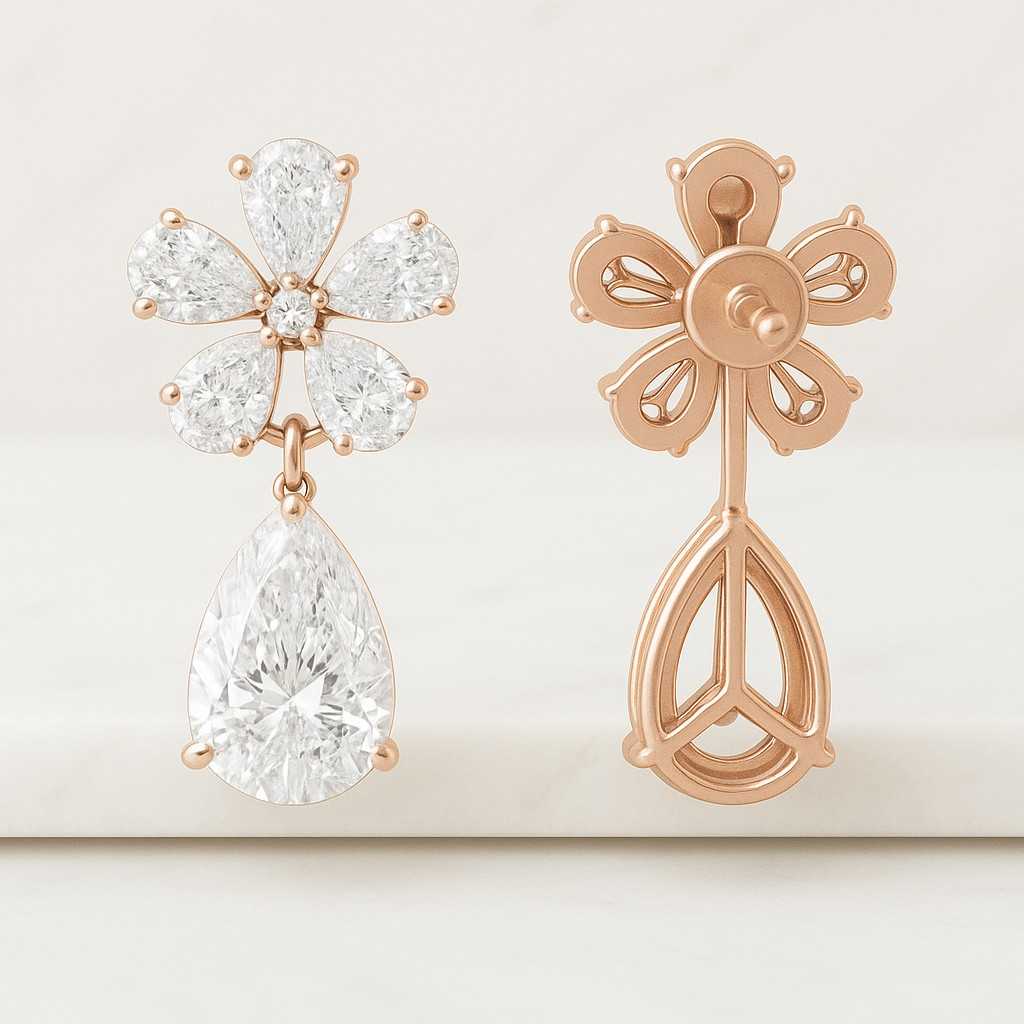 Lab Grown Diamond Flower Earrings 14K Gold Pear Cut Studs