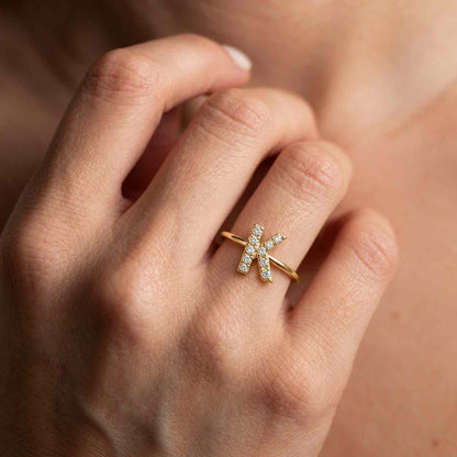 Lab Grown Diamond Letter E Initial Ring, 14K Gold Alphabet Name Ring
