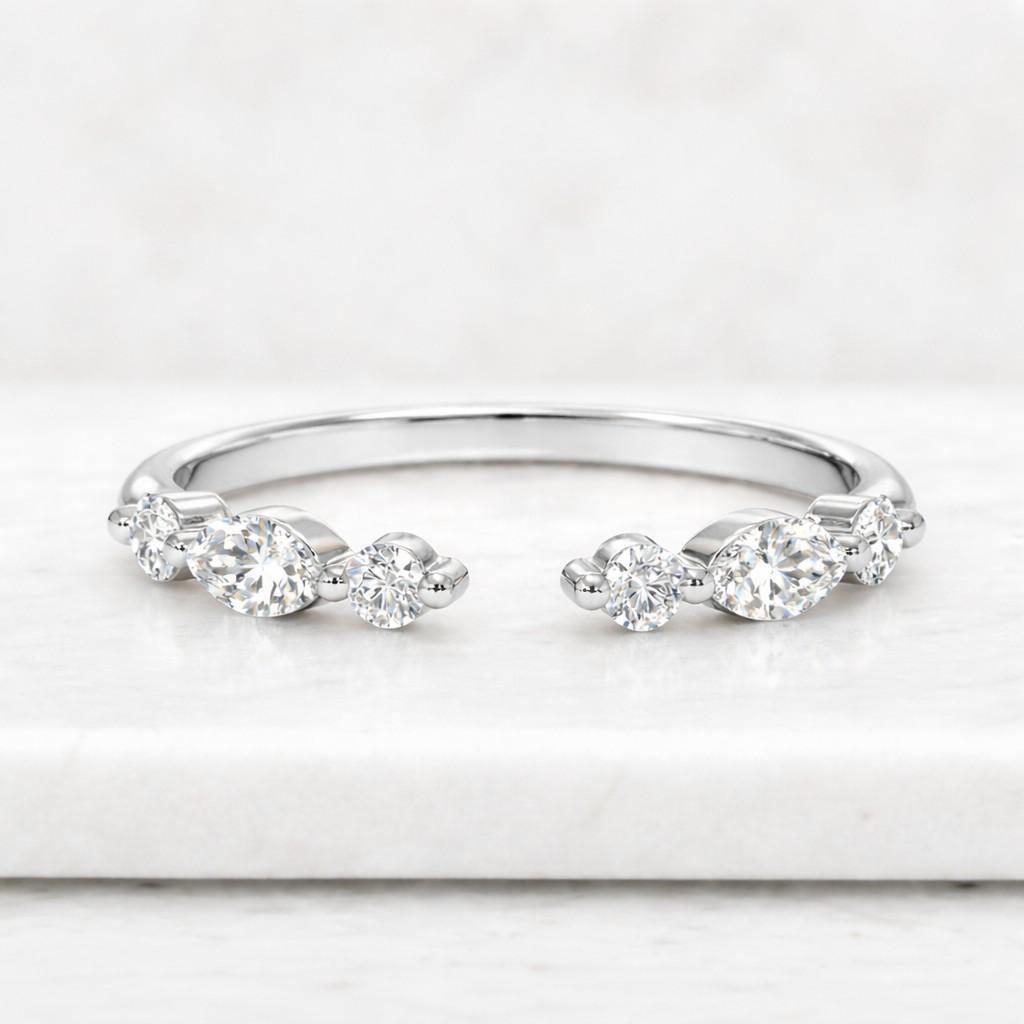 Lab Grown Diamond Open Cuff Ring, Marquise Round Wedding Band, Minimalist Stackable Proposal Ring
