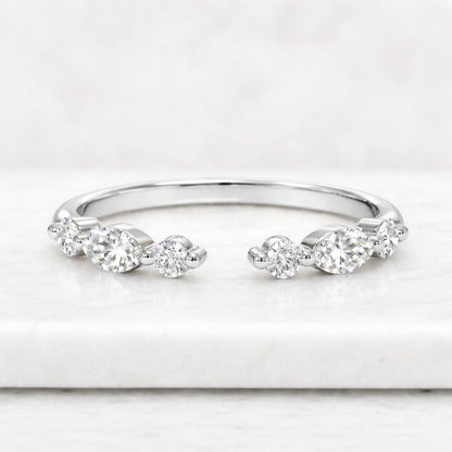 Lab Grown Diamond Open Cuff Ring, Marquise Round Wedding Band, Minimalist Stackable Proposal Ring
