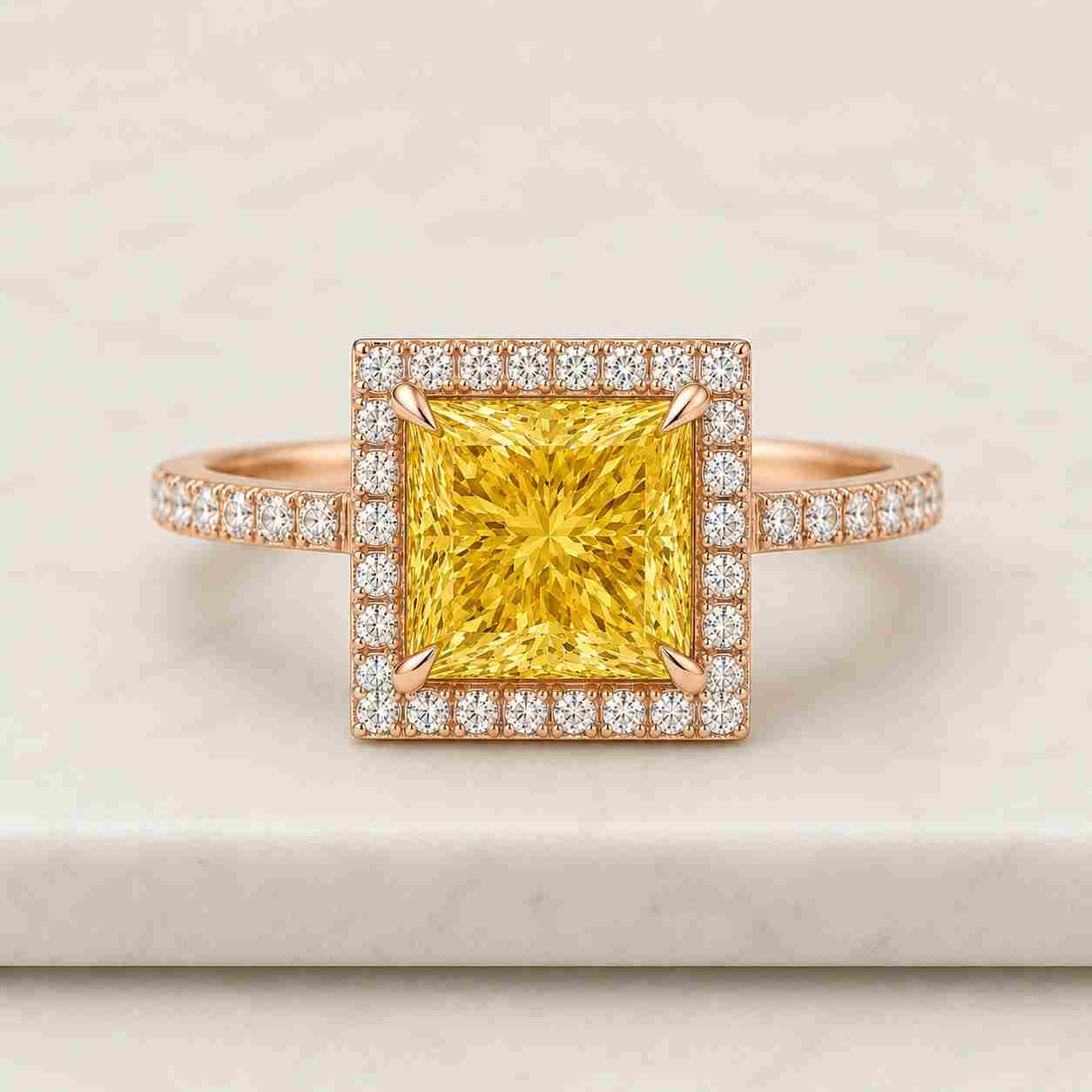 Lab Grown Diamond Princess Cut Halo Engagement Ring IGI Certified Square Halo Pavé 14K White Gold Bridal Ring
