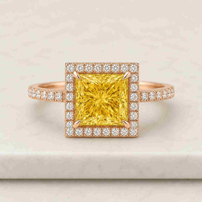 Lab Grown Diamond Princess Cut Halo Engagement Ring IGI Certified Square Halo Pavé 14K White Gold Bridal Ring
