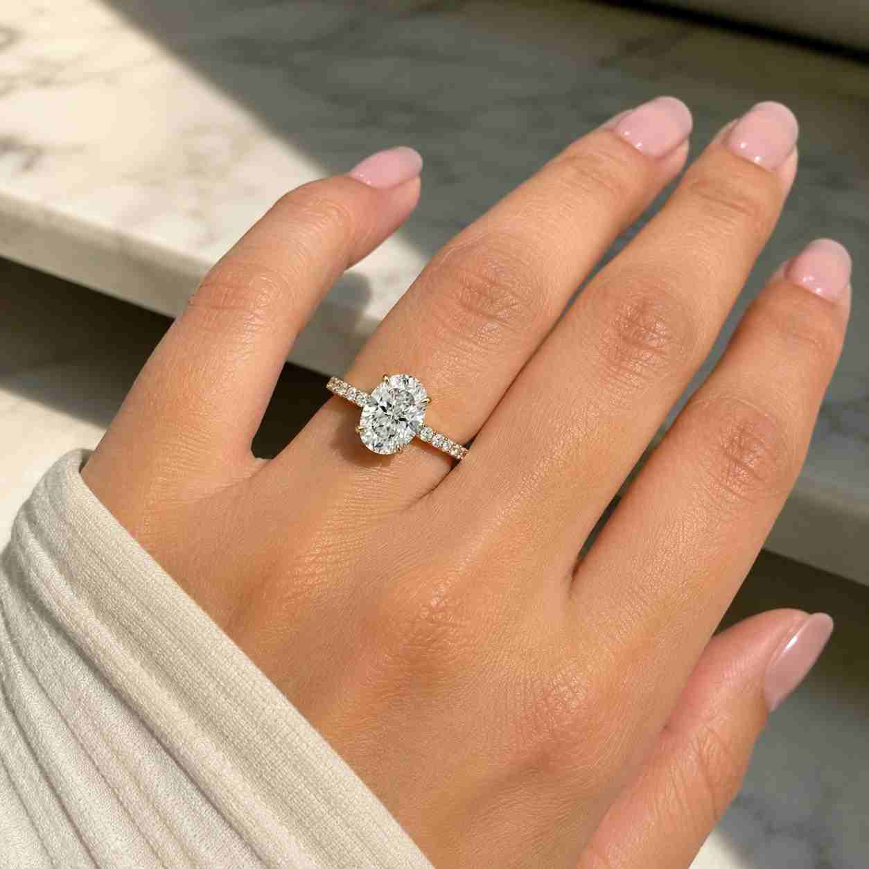 Lab Grown Diamond Ring Oval Diamond Engagement Ring Hidden Halo, Pavé Band