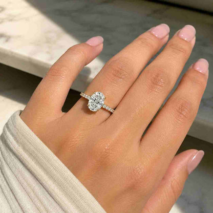 Lab Grown Diamond Ring Oval Diamond Engagement Ring Hidden Halo, Pavé Band