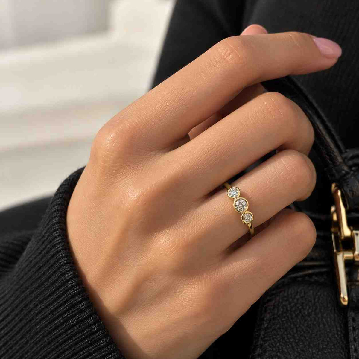 Lab Grown Diamond Round Cut Three Stone Bezel Set Ring 14K Gold Dainty Minimalist Engagement Promise Anniversary Fine Jewellery for