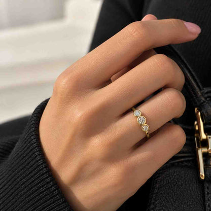 Lab Grown Diamond Round Cut Three Stone Bezel Set Ring 14K Gold Dainty Minimalist Engagement Promise Anniversary Fine Jewellery for