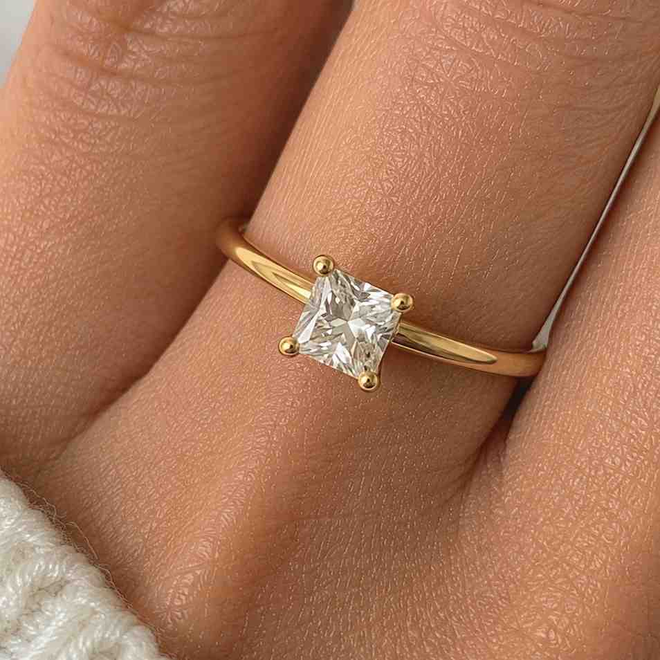 Lab Grown Diamond Solitaire Ring Princess Cut Solid Gold Engagement Ring White Rose Yellow Gold Ring 10K 14K 18K Ring Platinum Silver Ring