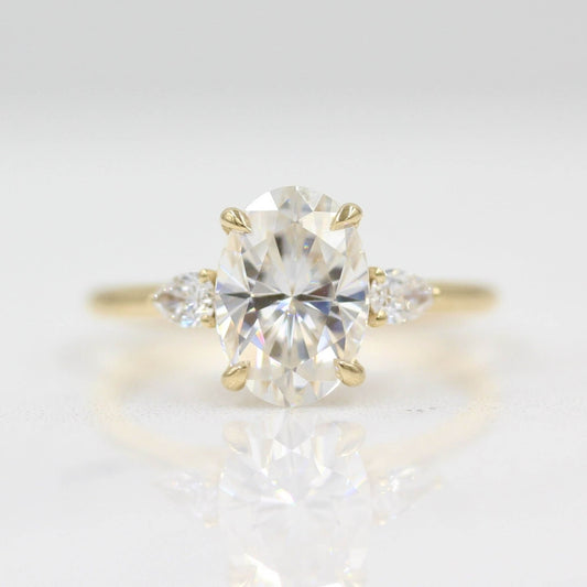 Lab Grown Diamond Three Stone Engagement Ring, Side Pear Diamonds