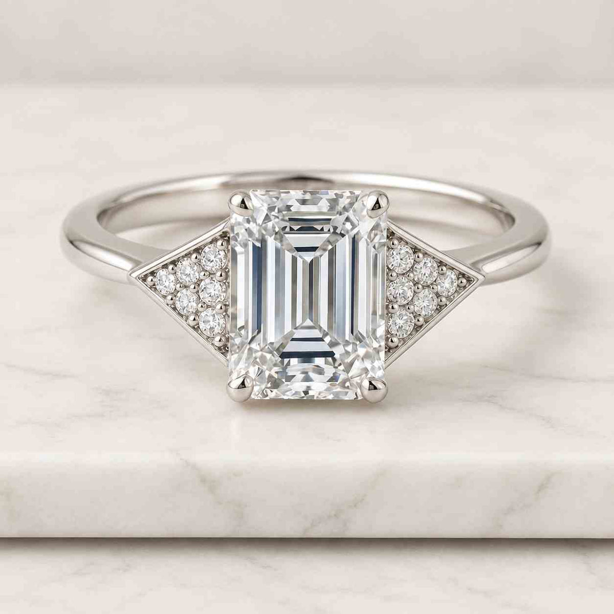 Lab Grown Diamond Three Stone Ring, Emerald Radiant Cut, Trillion Sides, Gold Proposal

