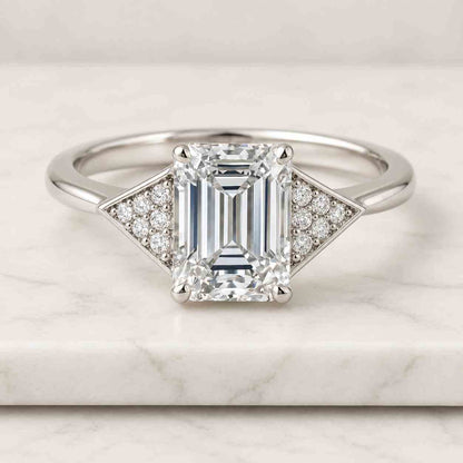 Lab Grown Diamond Three Stone Ring, Emerald Radiant Cut, Trillion Sides, Gold Proposal
