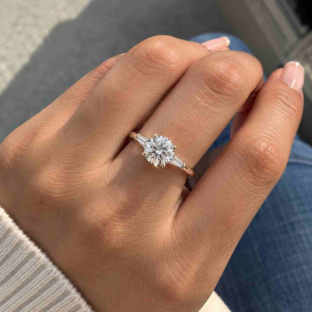lab grown diamond three stone ring - round center, baguette accents, 14k gold
