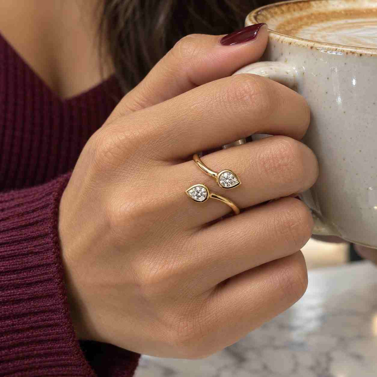 lab grown diamond toi et moi ring  double pear cut diamond bypass ring  pear diamond engagement ring  unique open ring  gift for her