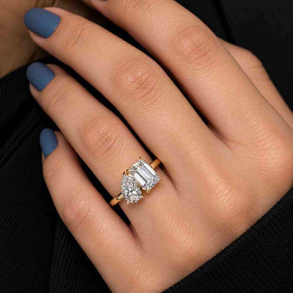 Lab Grown Diamond Toi et Moi Ring 14K Gold Pear & Emerald Cut