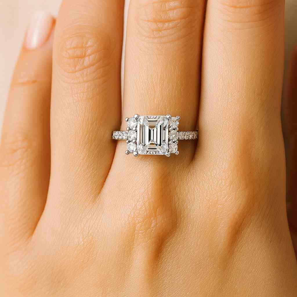 Lab Grown Diamond Womens Wedding Ring IGI Certified Emerald Cut Lab Grown Pave Diamond Engagement Ring 14k White Gold Ring Side Round Cut Diamonds
