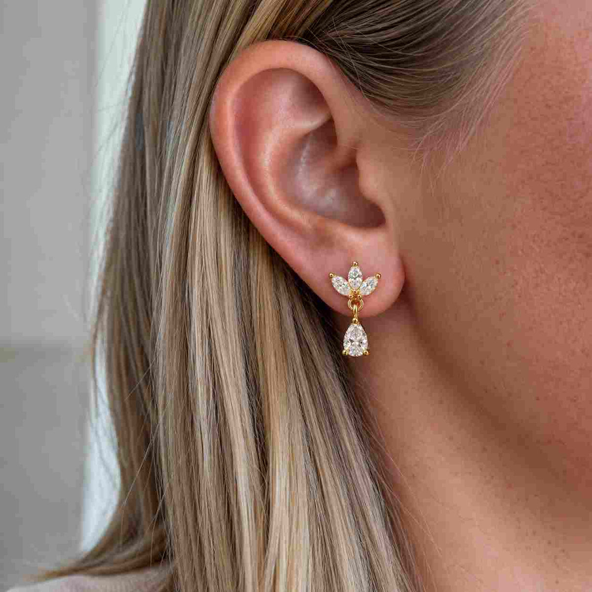 lab grown marquise diamond floral drop earrings, dainty gold flower pair
