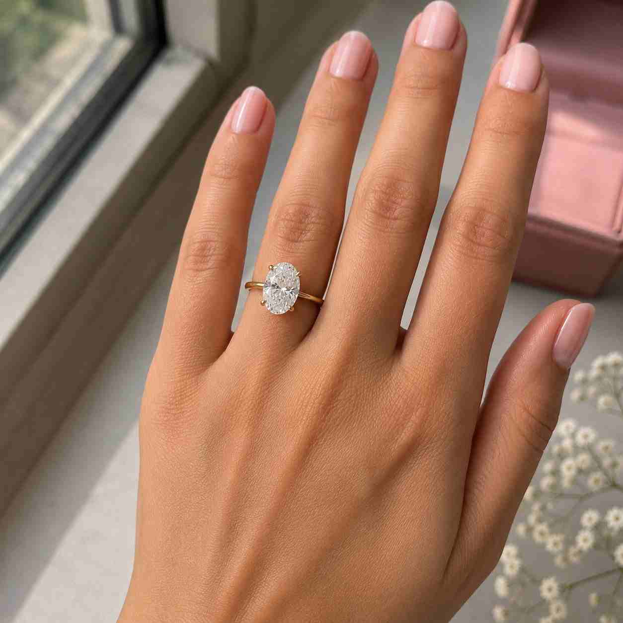 lab grown oval diamond engagement ring: hidden halo, pavé band gift for her