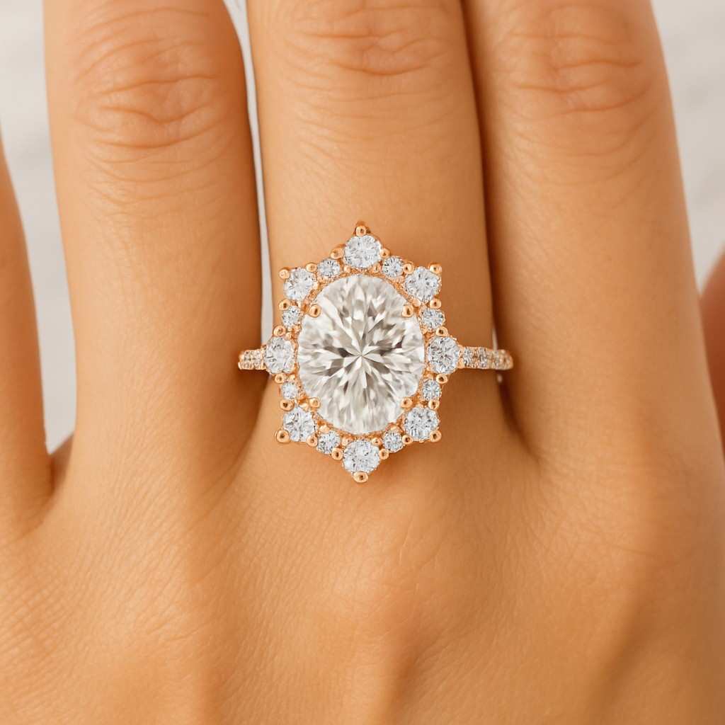 Lab Grown Oval Diamond Engagement Ring with Cluster Setting Certified Diamond Wedding Ring for Her Anniversary Gifts for Her Promise Ring