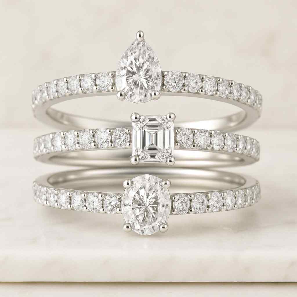 lab grown pear oval emerald cut diamond multistone eternity ring 14k gold wedding band multi shape lab grown diamond cluster ring