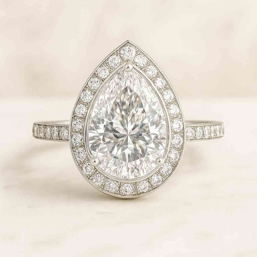 Lab Grown Ring with Small Round Diamond on Shank Pear Old European Cut Moissanite Ring Engagement Ring Halo Ring Pave Set Ring