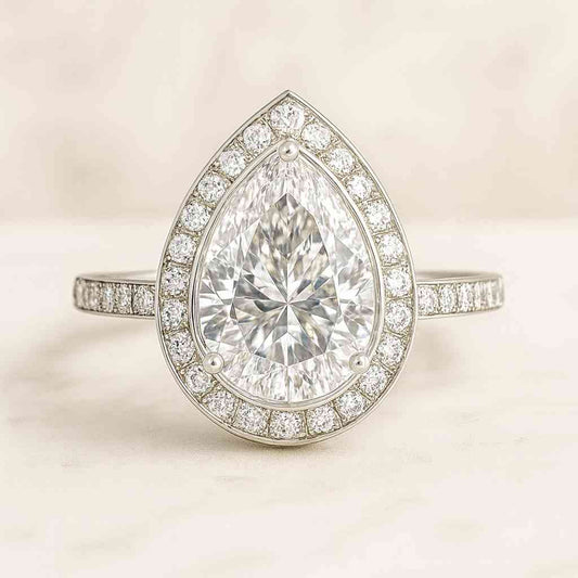 Lab Grown Ring with Small Round Diamond on Shank Pear Old European Cut Moissanite Ring Engagement Ring Halo Ring Pave Set Ring