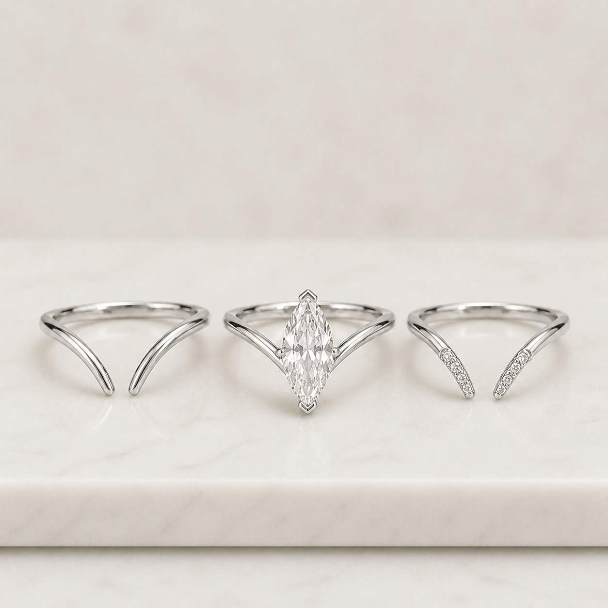 Marquise Lab grown diamond Engagement ring set Yellow Gold Cluster V prong Statement Bridal set Filigree Matching Promise ring set
