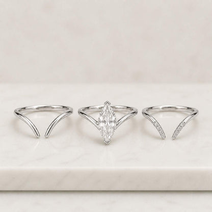 Marquise Lab grown diamond Engagement ring set Yellow Gold Cluster V prong Statement Bridal set Filigree Matching Promise ring set
