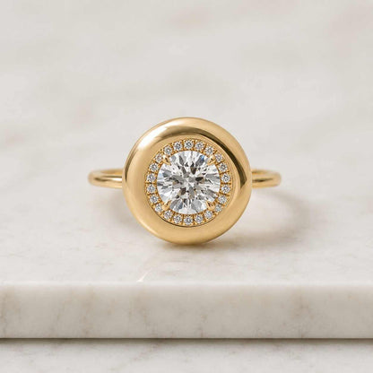 Large Diamond Candy Button Ring, 7CT Round Cut Simulated Diamond Chunky Bezel With Halo Ring,