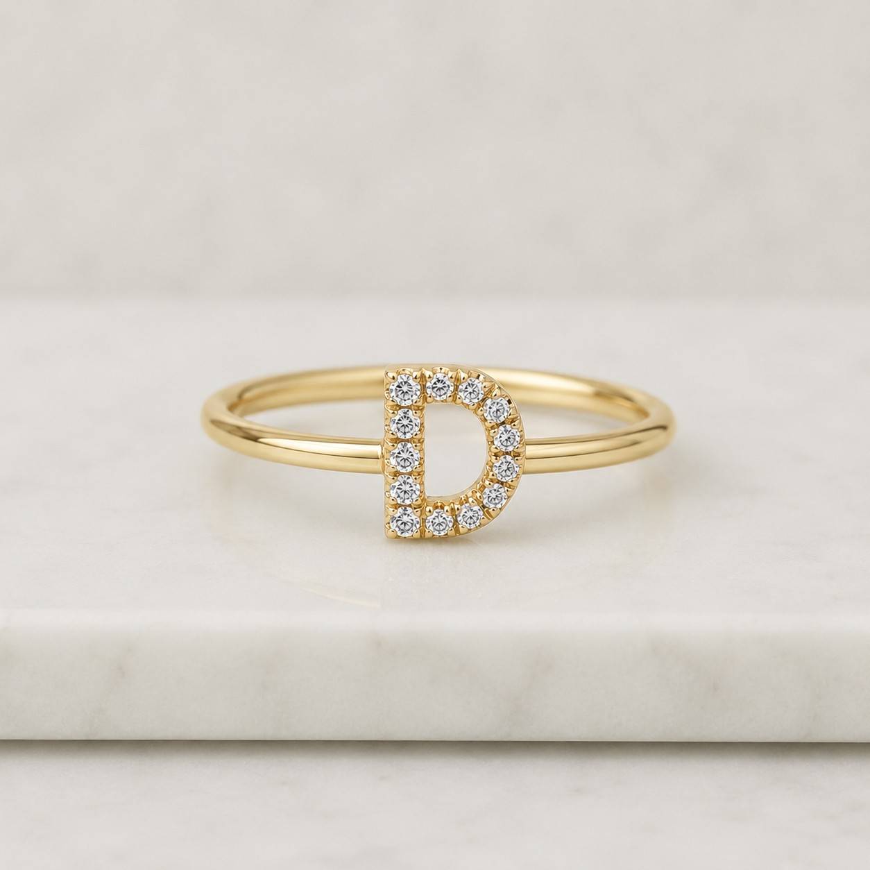 Lightweight Customize Ring, Letter Style Wedding Ring, A to Z Alphabet Custom Letter Ring, Dainty Unique Simple Ring, Round Moissanite Ring
