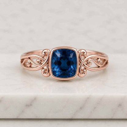 London Blue-Topaz Ring Vintage 14k-Gold Plated Cushion Promise Ring Art-Deco November Birthstone Jewelry Anniversary-Gift
