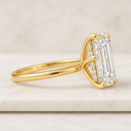 Long Hexagon Cut Moissanite Engagement Ring 14K Solid Gold Pave Hidden Halo Setting 6 Prong Ring Anniversary Gift For Her