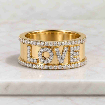 Love Script Natural Diamond Ring: 14k Solid Gold Cursive Nameplate Word Jewellery, Certified Jewelry, Duty Paid, Ready To Ship
