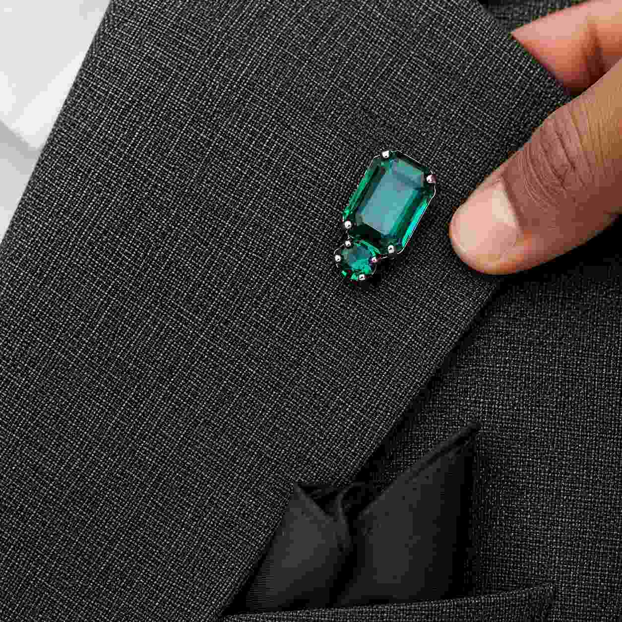 Luxury 925 Silver Emerald Brooch, 14mm Lab Grown Nano Emerald Pin, CZ Diamond Statement Brooch, Wedding Jewelry, Vintage Gift for Her.
