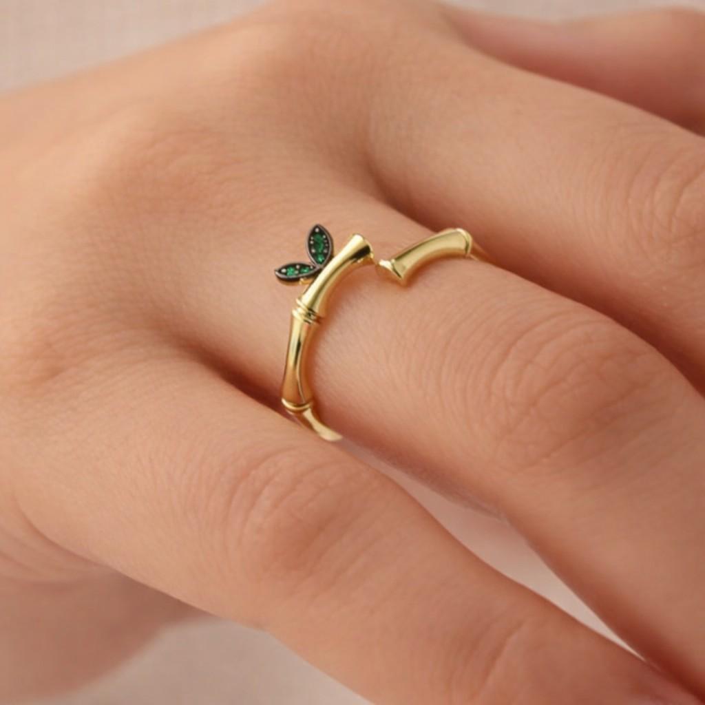 14k gold emerald leaf bamboo open ring adjustable ring