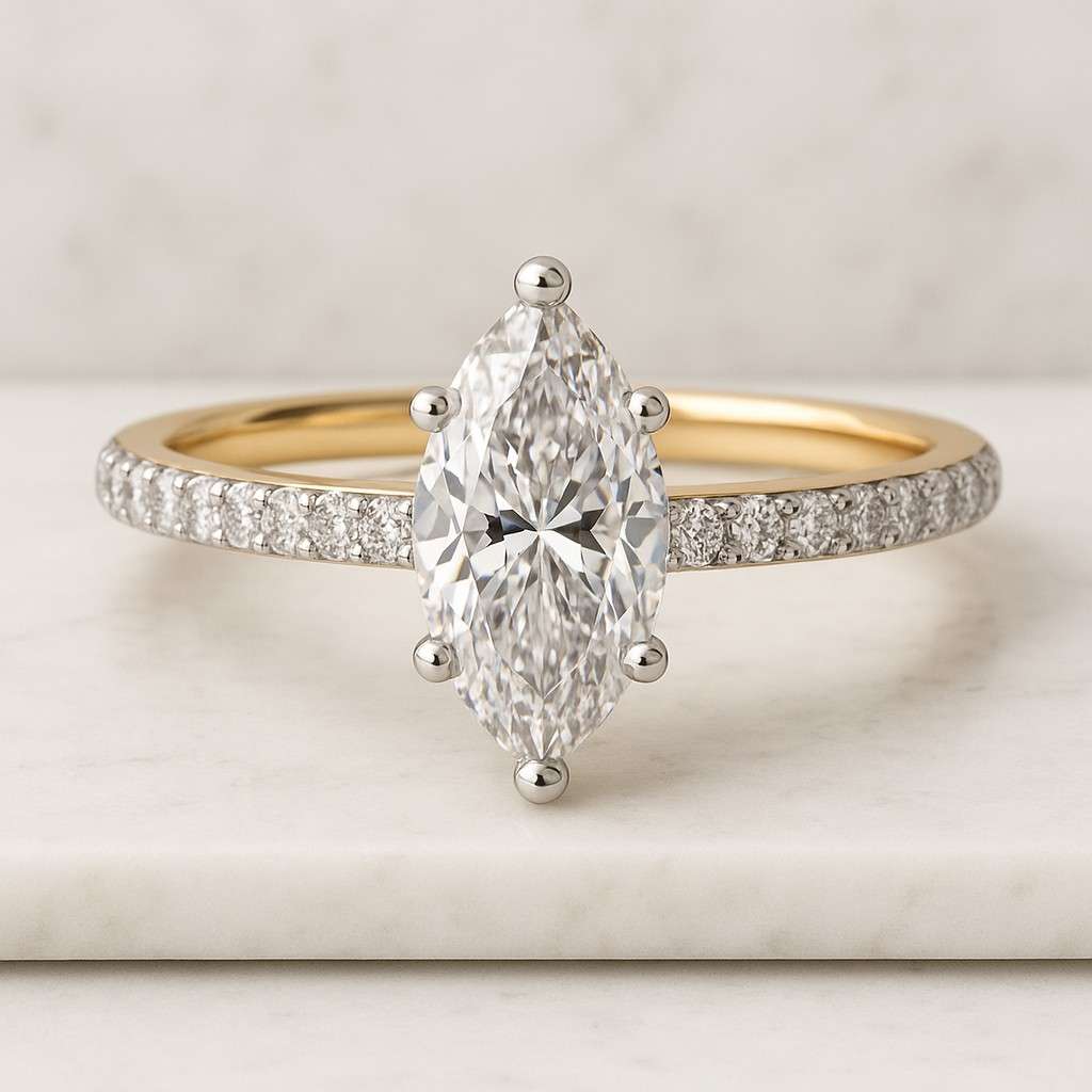 Diamond Engagement Ring Set Genuine Lab Grown Diamond Rings Curved Matching Band with Anniversary Ring Unique Marquise Bridal Set