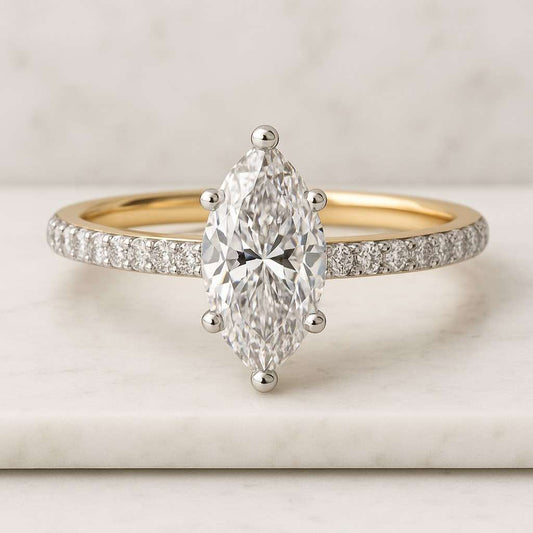 Diamond Engagement Ring Set Genuine Lab Grown Diamond Rings Curved Matching Band with Anniversary Ring Unique Marquise Bridal Set