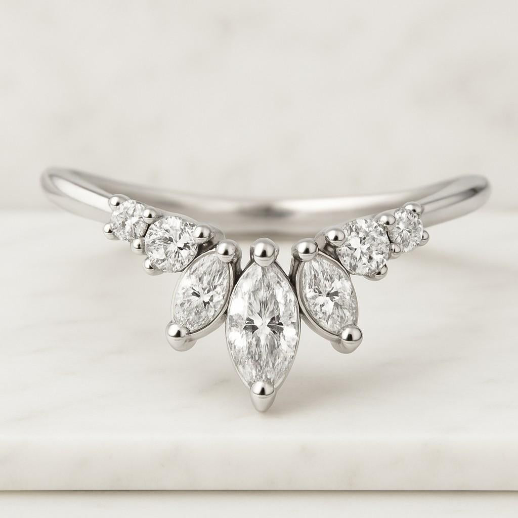 Real Lab Grown Diamond Marquise Bridal Stacking Ring Lab Diamond Marquise Band Wedding Ring Solid Yellow Rose White Gold Eternity Ring 5 Stone Ring Dainty Stackable Ring