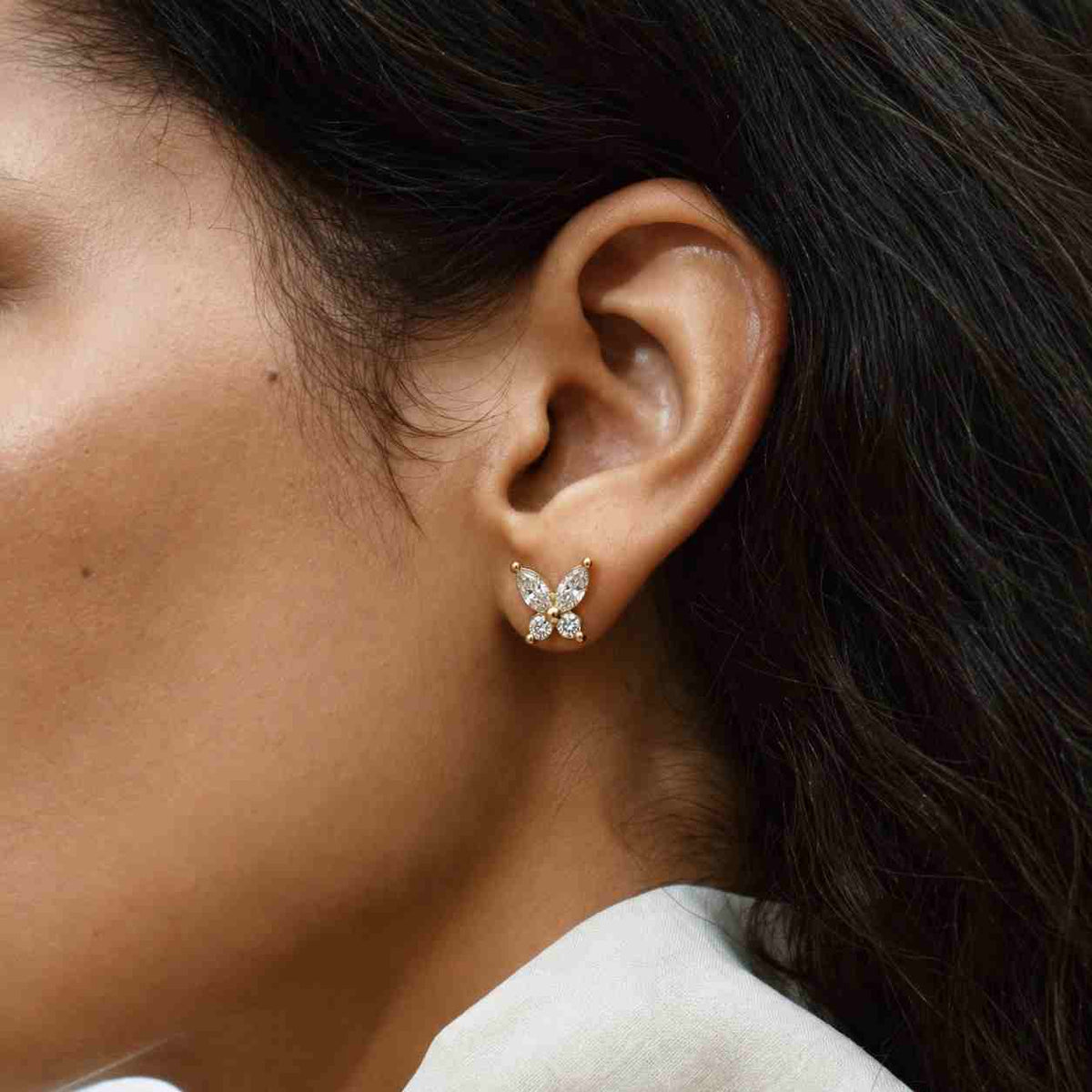 marquise and pear cut lab grown diamond butterfly stud earrings, 14k gold floral studs, gift for her
