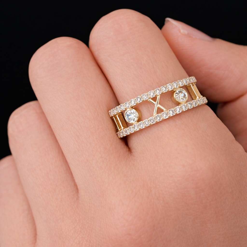 Diamond Eternity Roman Numeral Ring - Solid 14k, 18k Rose Gold. Custom Anniversary Date
