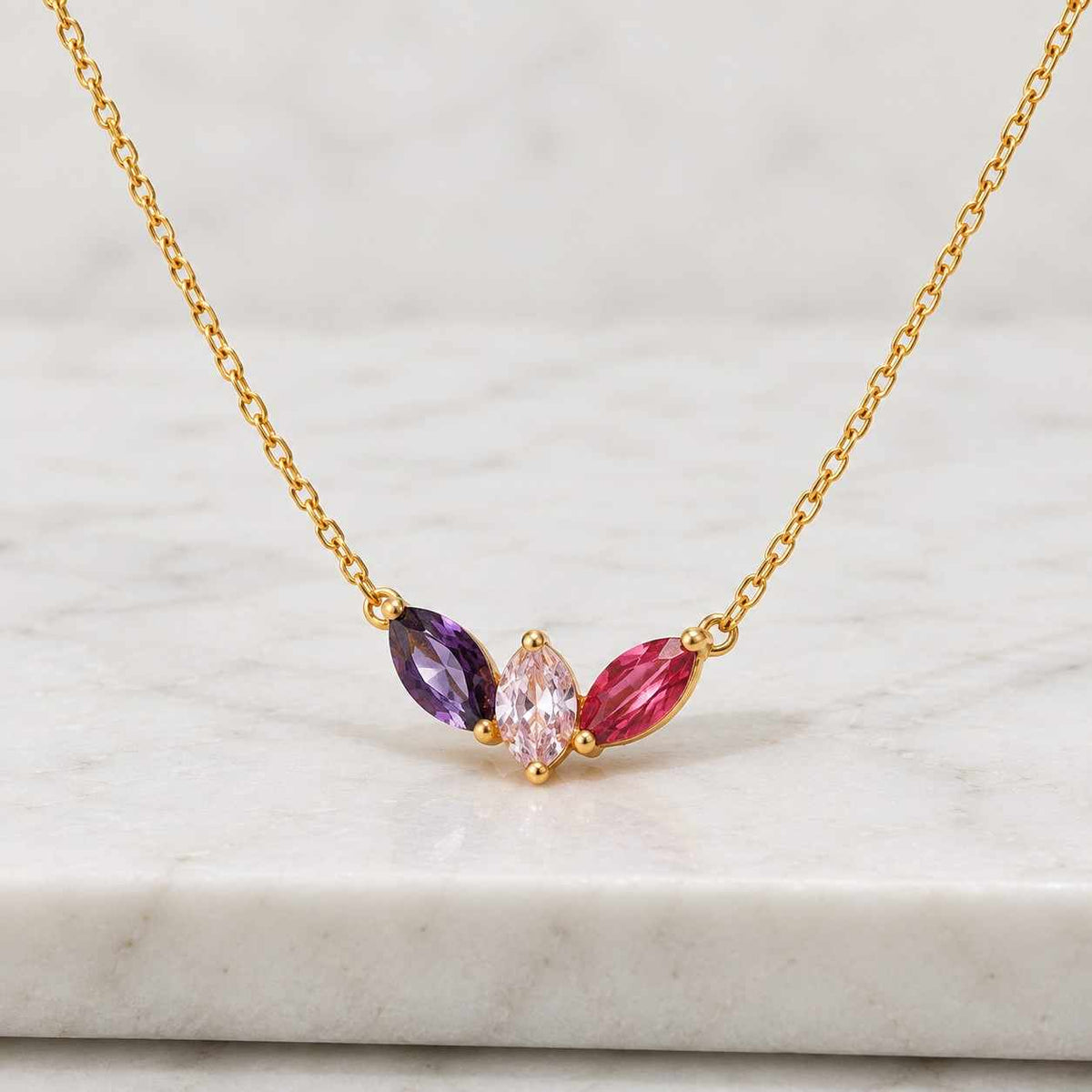 marquise cut bezel set pendant necklace, gold leaf necklace colorful marquise birthstones, 14k gold dainty birthstone multi pendant chain
