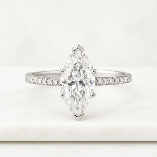 Marquise Cut CVD Diamond Engagement Ring Lab Grown Diamond French Cut Pave Shank Ring Man Made Diamond Accent Ring Birthday Gift For Her