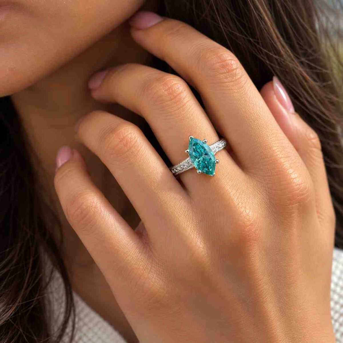 Marquise Cut Cyan Blue Moissanite Engagement Ring, Art Deco Solitaire Wedding Ring