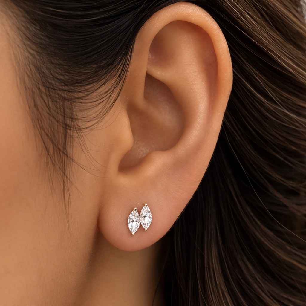 Marquise Cut Double Moissanite Stud Earrings - 14K White Gold Four Prongs
