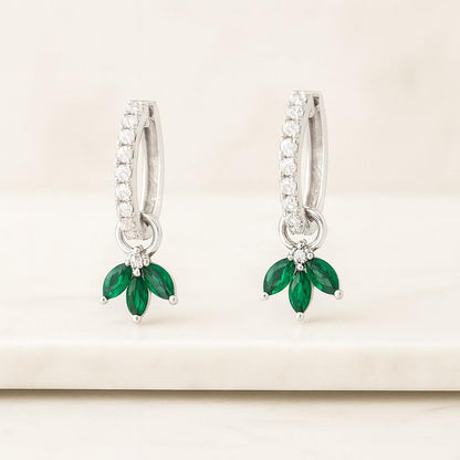 Marquise Cut Emerald Studs Solid Gold Diamond Leaf Studs