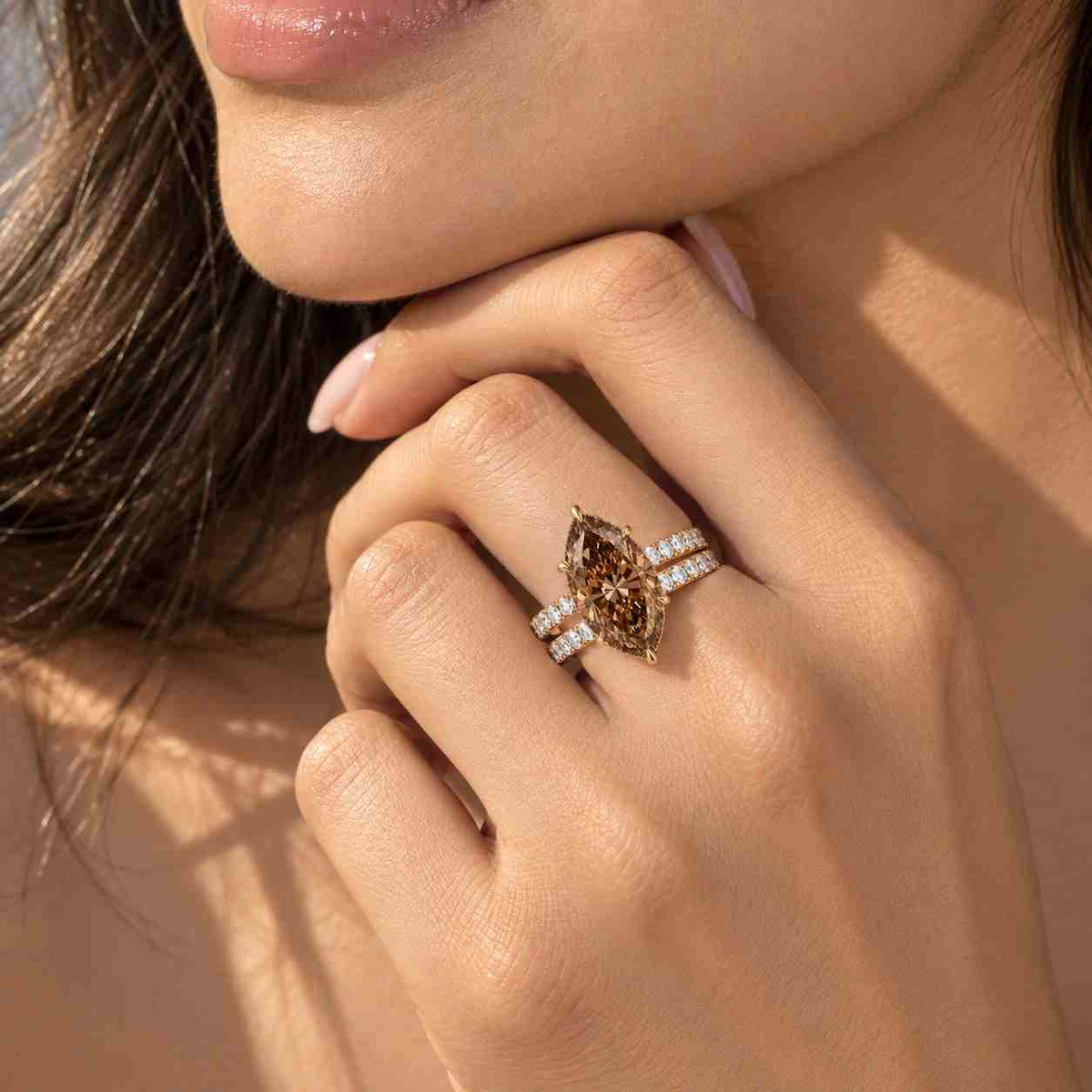 Marquise Cut Engagement Ring Set Unique Rose Gold Bridal Ring Set Diamond Cluster Wedding Stacking Band Promise ring set
