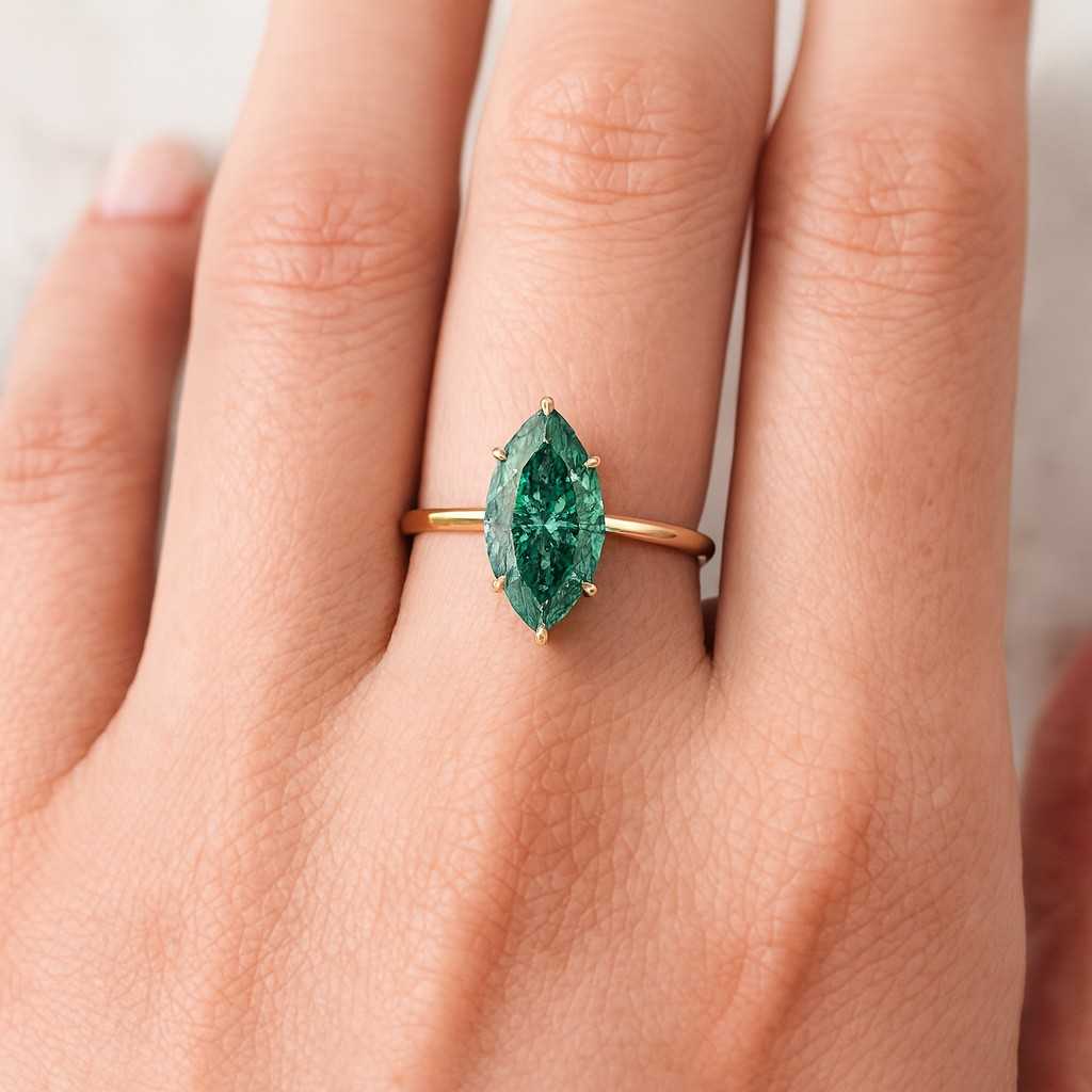 Marquise Cut Green Moissanite Engagement Ring Unique Solitaire Ring with Pave Band