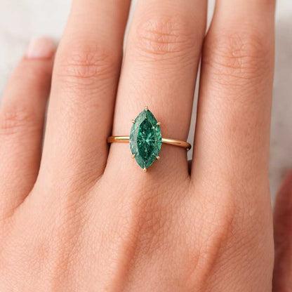 Marquise Cut Green Moissanite Engagement Ring Unique Solitaire Ring with Pave Band