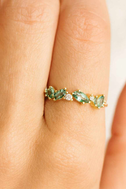 Marquise Cut Green Moissanite Engagement Ring Unique Solitaire Ring with Pave Band Vintage Art Deco Wedding Ring for Women